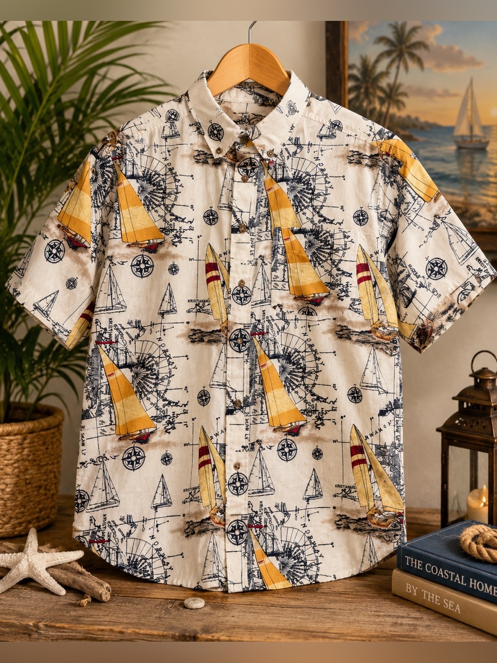 Puritan Men's Nautical Sailboat Map Print Button Front Shirt Medium 100% Cotton